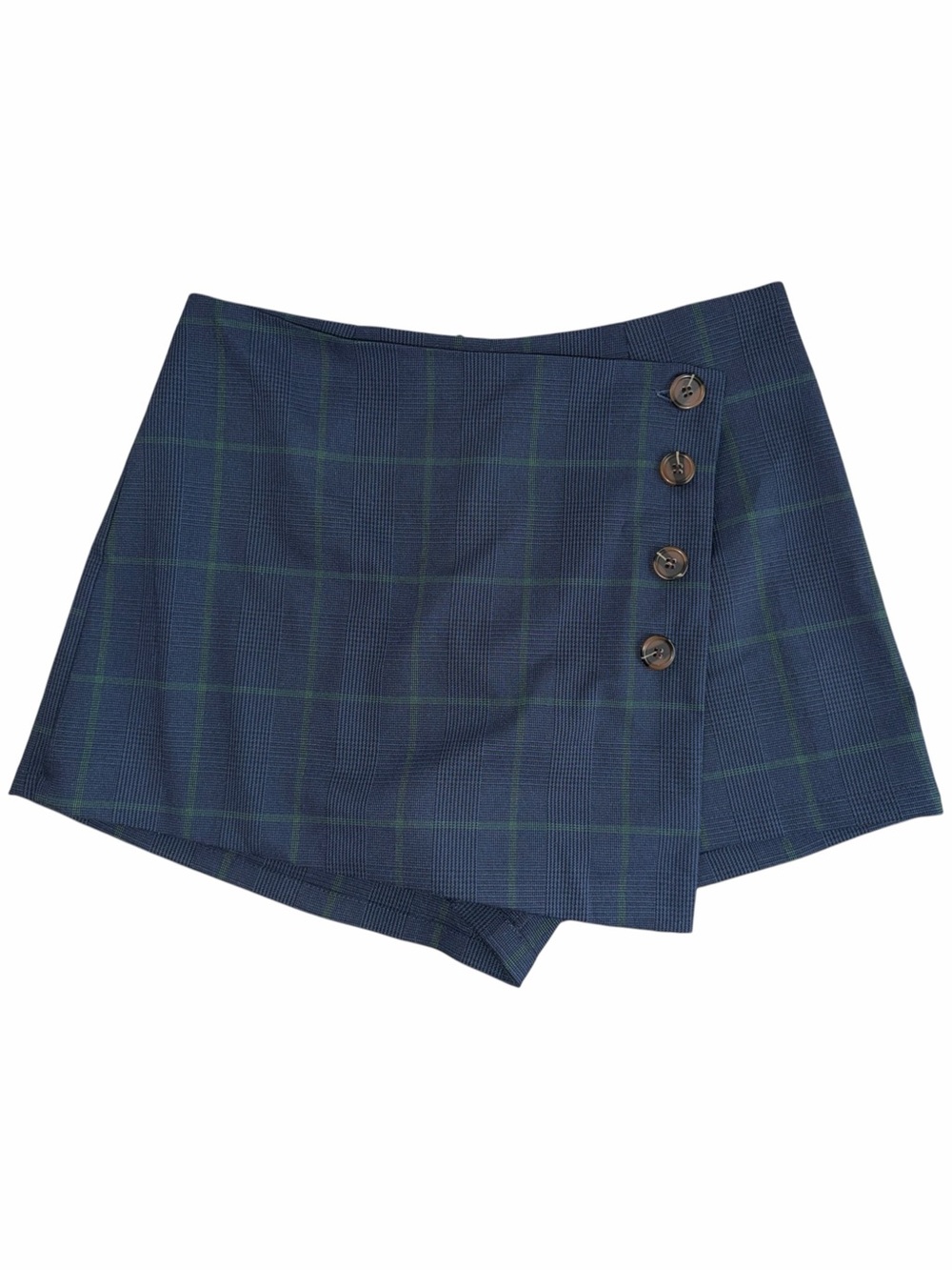 Navy Plaid Button Wrap Skort